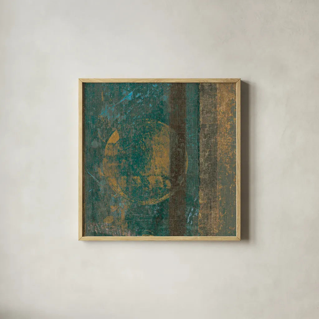 Bora Blue Square III by Roque Silva. Shown in a natural wood glass frame for a timeless modern aesthetic. Available as an archival giclee rolled canvas, fine art paper, or poster print. SKU 42456a.