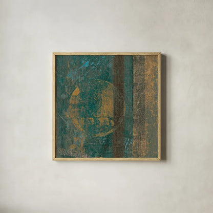 Bora Blue Square III by Roque Silva. Shown in a natural wood glass frame for a timeless modern aesthetic. Available as an archival giclee rolled canvas, fine art paper, or poster print. SKU 42456a.