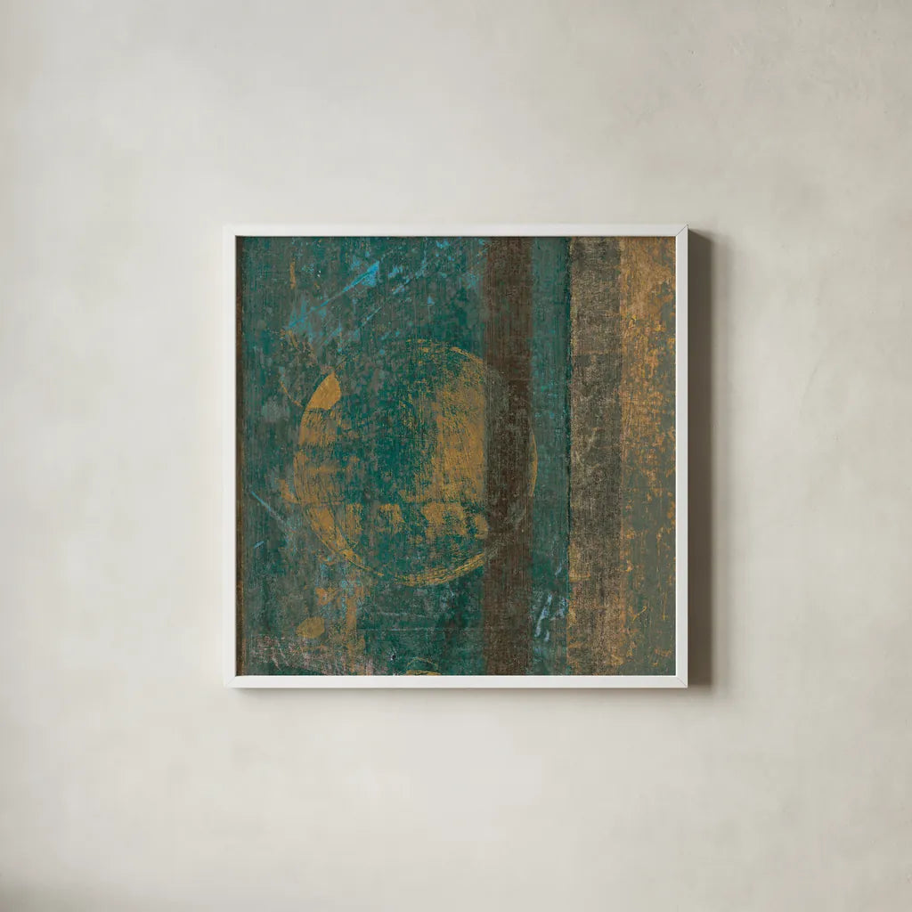 Bora Blue Square III by Roque Silva. Shown in a crisp white glass frame for a clean and minimalist style. Available as an archival giclee rolled canvas, fine art paper, or poster print. SKU 42456a.