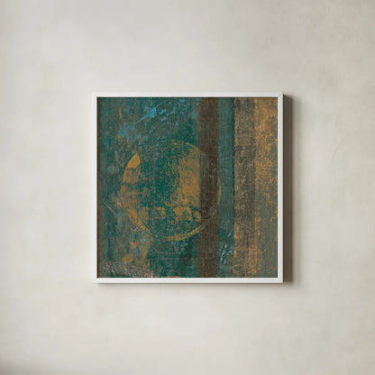 Bora Blue Square III by Roque Silva. Shown in a crisp white glass frame for a clean and minimalist style. Available as an archival giclee rolled canvas, fine art paper, or poster print. SKU 42456a.