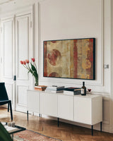 Caribbean Sunrise by Roque Silva. shown as a framed stretched canvas in a living room above a console. Available as a archival giclee rolled canvas, fine art paper, or poster print. SKU 11123i.