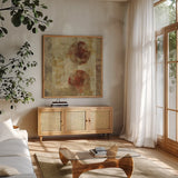 Caribbean Sunrise Square III by Roque Silva. Shown in a natural wood frame in a cozy modern living room. Available as an archival giclee rolled canvas, fine art paper, or poster print. SKU 12165a.