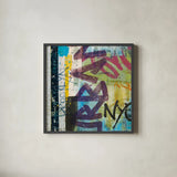 City Graffiti by Roque Silva. Shown in a sleek black glass frame for a contemporary gallery look. Available as an archival giclee rolled canvas, fine art paper, or poster print. SKU 62307a.