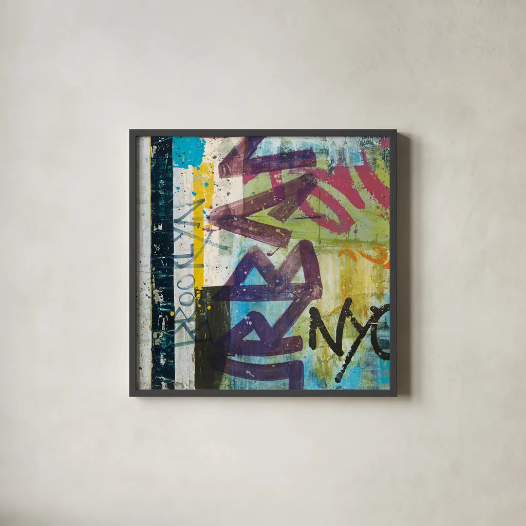 City Graffiti by Roque Silva. Shown in a sleek black glass frame for a contemporary gallery look. Available as an archival giclee rolled canvas, fine art paper, or poster print. SKU 62307a.