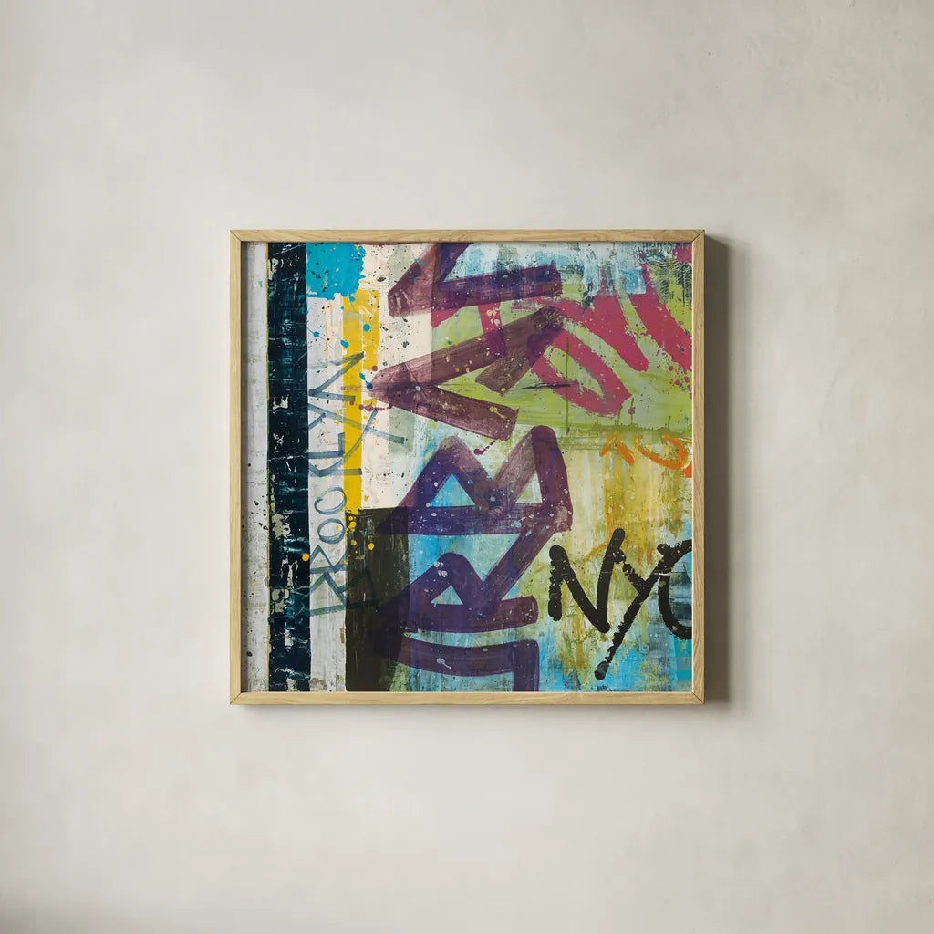 City Graffiti by Roque Silva. Shown in a natural wood glass frame for a timeless modern aesthetic. Available as an archival giclee rolled canvas, fine art paper, or poster print. SKU 62307a.