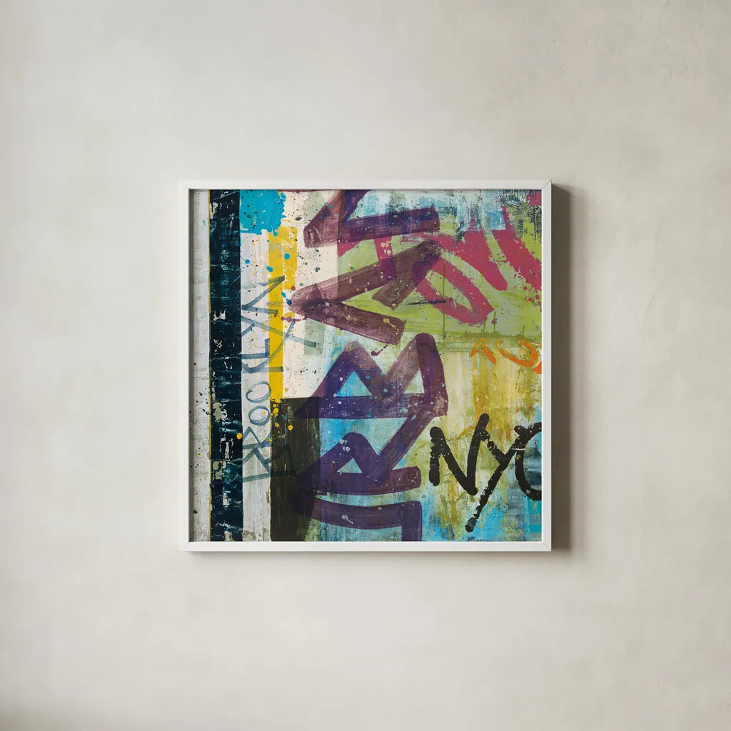 City Graffiti by Roque Silva. Shown in a crisp white glass frame for a clean and minimalist style. Available as an archival giclee rolled canvas, fine art paper, or poster print. SKU 62307a.