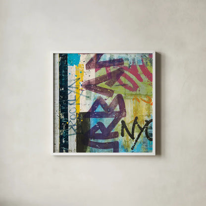 City Graffiti by Roque Silva. Shown in a crisp white glass frame for a clean and minimalist style. Available as an archival giclee rolled canvas, fine art paper, or poster print. SKU 62307a.