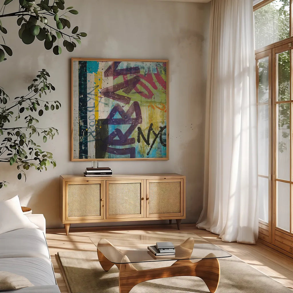 City Graffiti by Roque Silva. Shown in a natural wood frame in a cozy modern living room. Available as an archival giclee rolled canvas, fine art paper, or poster print. SKU 62307a.