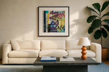 City Graffiti by Roque Silva. Displayed in a glass frame with matte in a clean modern living room. Available as an archival giclee rolled canvas, fine art paper, or poster print. SKU 62307a.