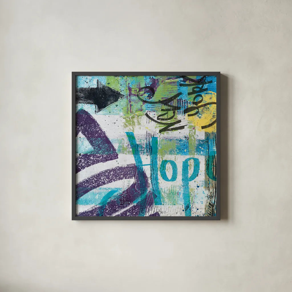 City Graffiti II by Roque Silva. Shown in a sleek black glass frame for a contemporary gallery look. Available as an archival giclee rolled canvas, fine art paper, or poster print. SKU 62419a.