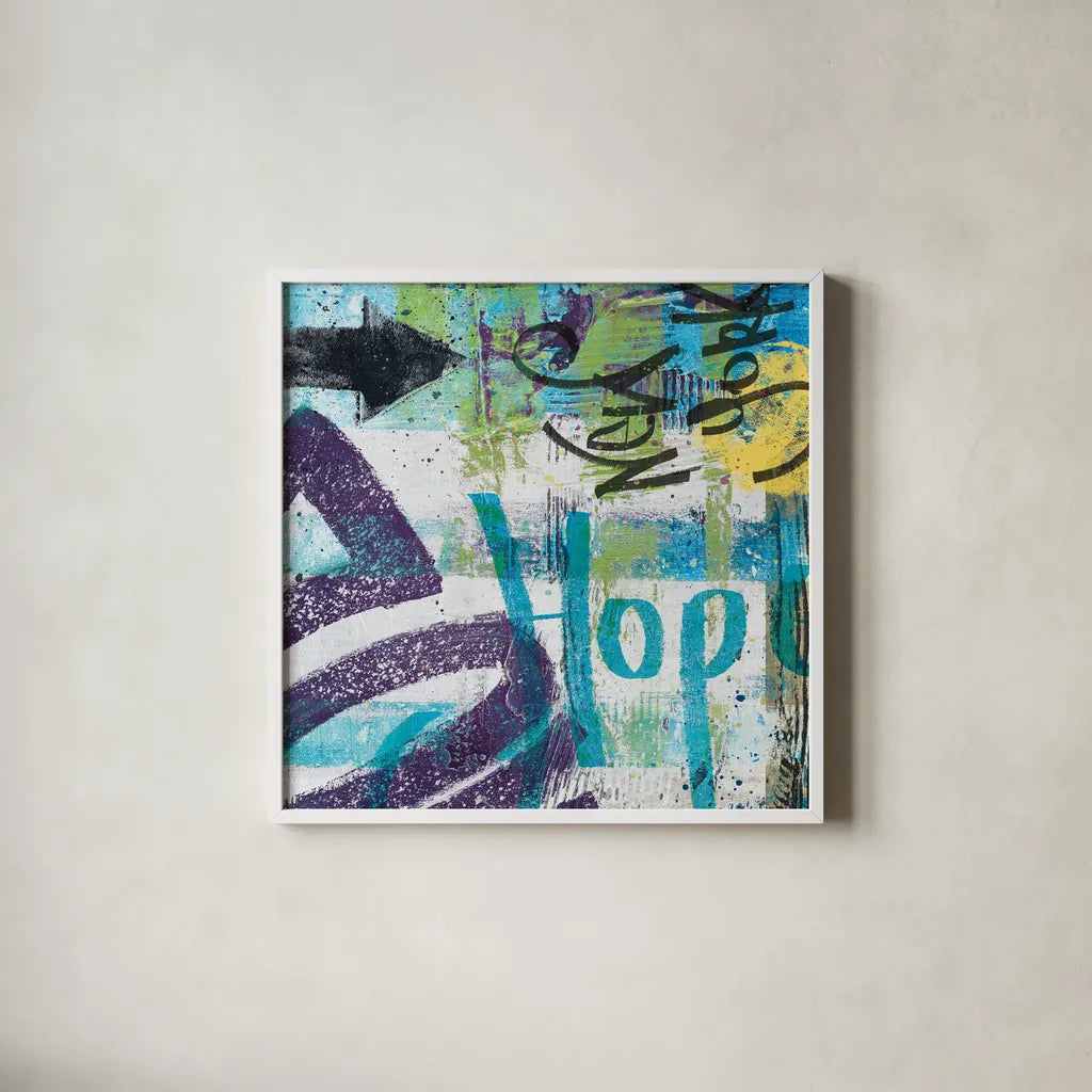 City Graffiti II by Roque Silva. Shown in a crisp white glass frame for a clean and minimalist style. Available as an archival giclee rolled canvas, fine art paper, or poster print. SKU 62419a.