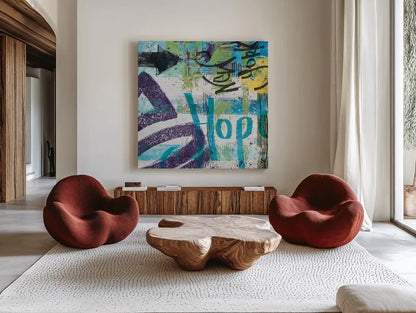 City Graffiti II by Roque Silva. Shown as extra-large giant wall art in a modern living room. Available as an archival giclee rolled canvas, fine art paper, or poster print. SKU 62419a.