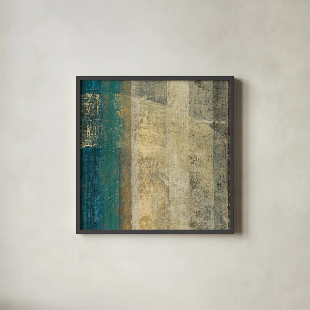Kuna Blue Square I by Roque Silva. Shown in a sleek black glass frame for a contemporary gallery look. Available as an archival giclee rolled canvas, fine art paper, or poster print. SKU 42451a.