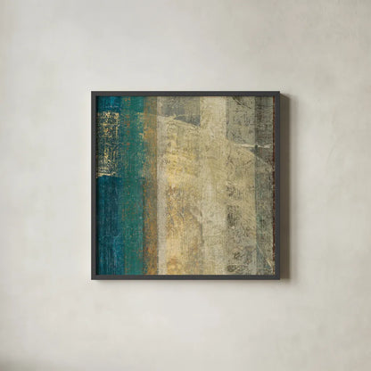 Kuna Blue Square I by Roque Silva. Shown in a sleek black glass frame for a contemporary gallery look. Available as an archival giclee rolled canvas, fine art paper, or poster print. SKU 42451a.
