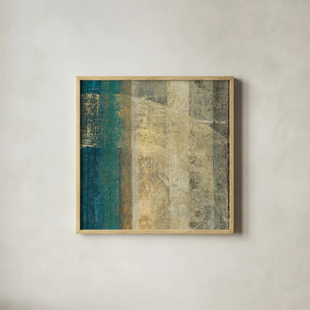 Kuna Blue Square I by Roque Silva. Shown in a natural wood glass frame for a timeless modern aesthetic. Available as an archival giclee rolled canvas, fine art paper, or poster print. SKU 42451a.