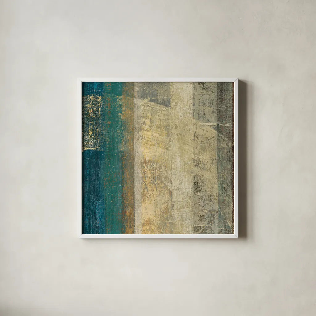 Kuna Blue Square I by Roque Silva. Shown in a crisp white glass frame for a clean and minimalist style. Available as an archival giclee rolled canvas, fine art paper, or poster print. SKU 42451a.