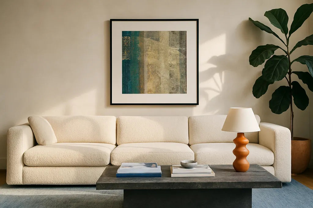 Kuna Blue Square I by Roque Silva. Displayed in a glass frame with matte in a clean modern living room. Available as an archival giclee rolled canvas, fine art paper, or poster print. SKU 42451a.