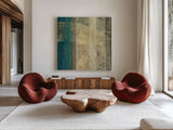 Kuna Blue Square I by Roque Silva. Shown as extra-large giant wall art in a modern living room. Available as an archival giclee rolled canvas, fine art paper, or poster print. SKU 42451a.