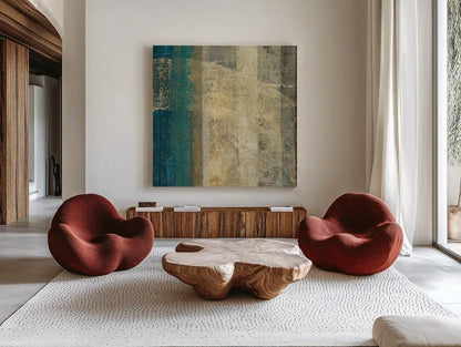 Kuna Blue Square I by Roque Silva. Shown as extra-large giant wall art in a modern living room. Available as an archival giclee rolled canvas, fine art paper, or poster print. SKU 42451a.