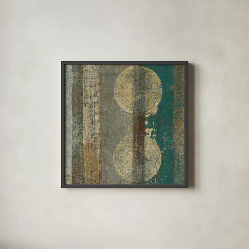 Kuna Blue Square III by Roque Silva. Shown in a sleek black glass frame for a contemporary gallery look. Available as an archival giclee rolled canvas, fine art paper, or poster print. SKU 42453a.