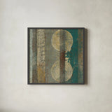 Kuna Blue Square III by Roque Silva. Shown in a sleek black glass frame for a contemporary gallery look. Available as an archival giclee rolled canvas, fine art paper, or poster print. SKU 42453a.