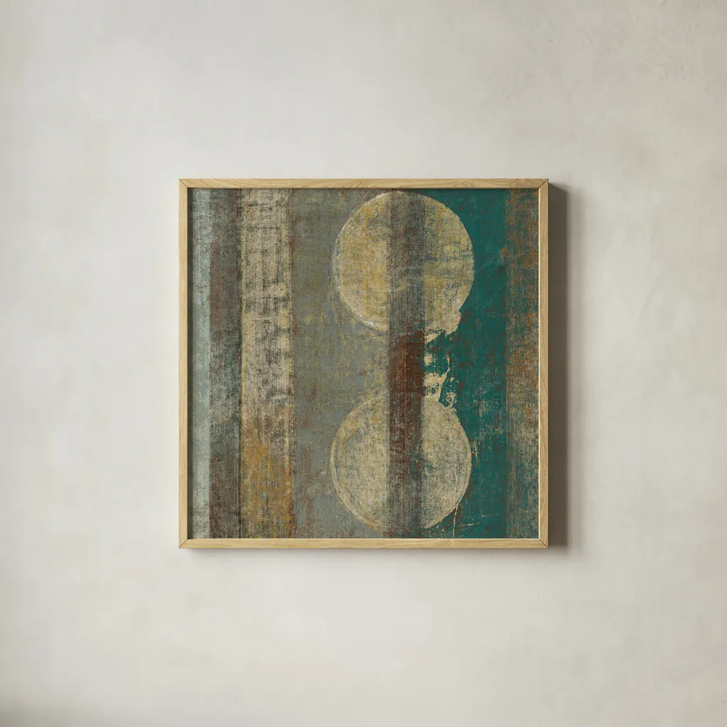 Kuna Blue Square III by Roque Silva. Shown in a natural wood glass frame for a timeless modern aesthetic. Available as an archival giclee rolled canvas, fine art paper, or poster print. SKU 42453a.