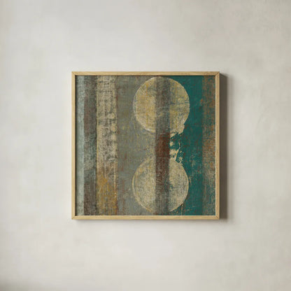 Kuna Blue Square III by Roque Silva. Shown in a natural wood glass frame for a timeless modern aesthetic. Available as an archival giclee rolled canvas, fine art paper, or poster print. SKU 42453a.