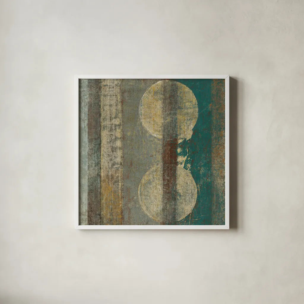 Kuna Blue Square III by Roque Silva. Shown in a crisp white glass frame for a clean and minimalist style. Available as an archival giclee rolled canvas, fine art paper, or poster print. SKU 42453a.