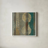 Kuna Blue Square III by Roque Silva. Shown in a crisp white glass frame for a clean and minimalist style. Available as an archival giclee rolled canvas, fine art paper, or poster print. SKU 42453a.