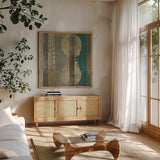 Kuna Blue Square III by Roque Silva. Shown in a natural wood frame in a cozy modern living room. Available as an archival giclee rolled canvas, fine art paper, or poster print. SKU 42453a.