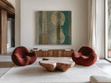 Kuna Blue Square III by Roque Silva. Shown as extra-large giant wall art in a modern living room. Available as an archival giclee rolled canvas, fine art paper, or poster print. SKU 42453a.