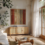 Kuna Square by Roque Silva. Shown in a natural wood frame in a cozy modern living room. Available as an archival giclee rolled canvas, fine art paper, or poster print. SKU 11753a.