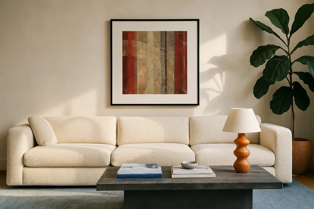 Kuna Square by Roque Silva. Displayed in a glass frame with matte in a clean modern living room. Available as an archival giclee rolled canvas, fine art paper, or poster print. SKU 11753a.