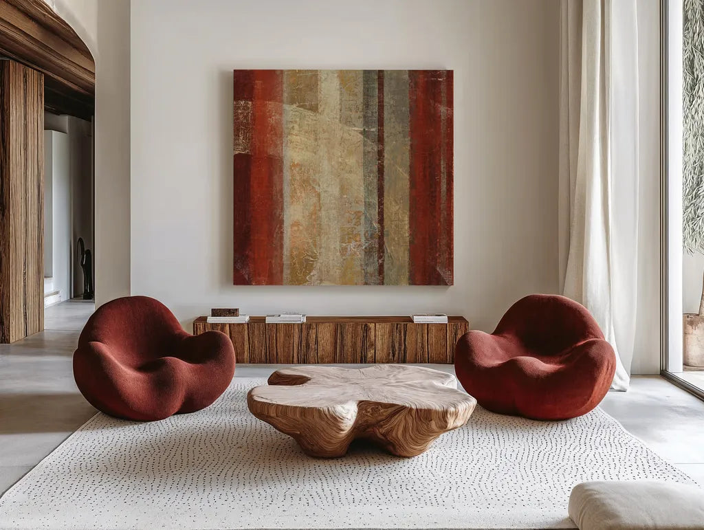 Kuna Square by Roque Silva. Shown as extra-large giant wall art in a modern living room. Available as an archival giclee rolled canvas, fine art paper, or poster print. SKU 11753a.