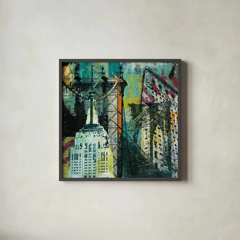 NY Graffiti by Roque Silva. Shown in a sleek black glass frame for a contemporary gallery look. Available as an archival giclee rolled canvas, fine art paper, or poster print. SKU 11567a.