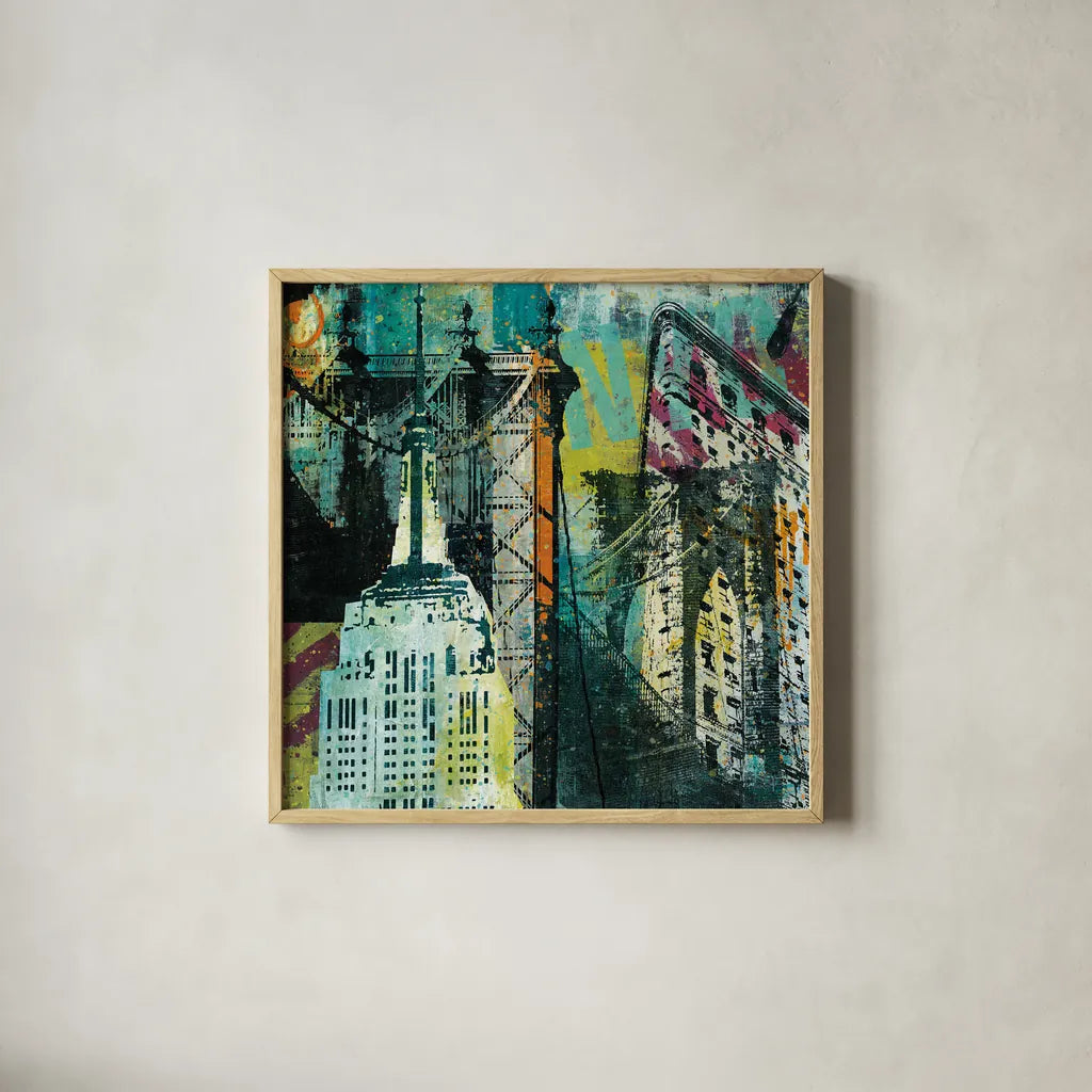 NY Graffiti by Roque Silva. Shown in a natural wood glass frame for a timeless modern aesthetic. Available as an archival giclee rolled canvas, fine art paper, or poster print. SKU 11567a.