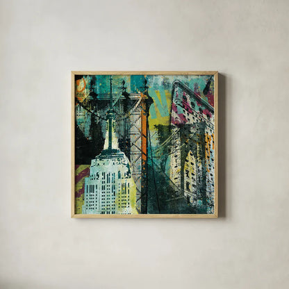 NY Graffiti by Roque Silva. Shown in a natural wood glass frame for a timeless modern aesthetic. Available as an archival giclee rolled canvas, fine art paper, or poster print. SKU 11567a.