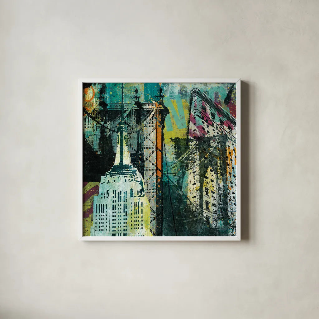 NY Graffiti by Roque Silva. Shown in a crisp white glass frame for a clean and minimalist style. Available as an archival giclee rolled canvas, fine art paper, or poster print. SKU 11567a.