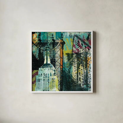 NY Graffiti by Roque Silva. Shown in a crisp white glass frame for a clean and minimalist style. Available as an archival giclee rolled canvas, fine art paper, or poster print. SKU 11567a.