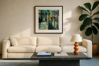 NY Graffiti by Roque Silva. Displayed in a glass frame with matte in a clean modern living room. Available as an archival giclee rolled canvas, fine art paper, or poster print. SKU 11567a.