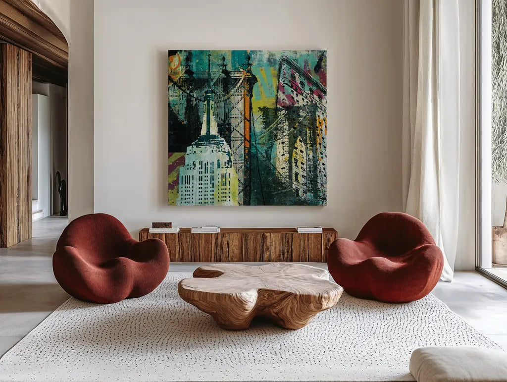 NY Graffiti by Roque Silva. Shown as extra-large giant wall art in a modern living room. Available as an archival giclee rolled canvas, fine art paper, or poster print. SKU 11567a.