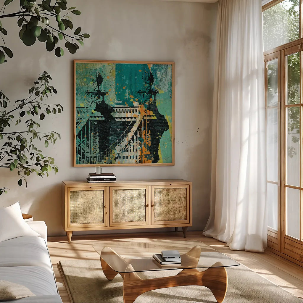 NY Graffiti Bridge by Roque Silva. Shown in a natural wood frame in a cozy modern living room. Available as an archival giclee rolled canvas, fine art paper, or poster print. SKU 42464a.