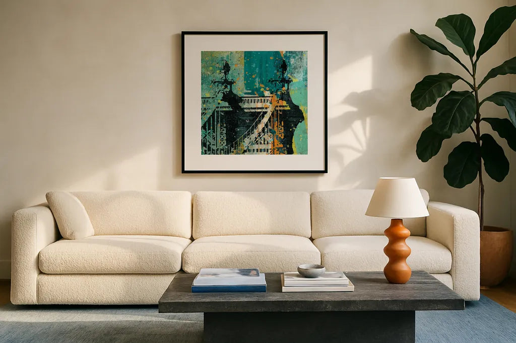 NY Graffiti Bridge by Roque Silva. Displayed in a glass frame with matte in a clean modern living room. Available as an archival giclee rolled canvas, fine art paper, or poster print. SKU 42464a.