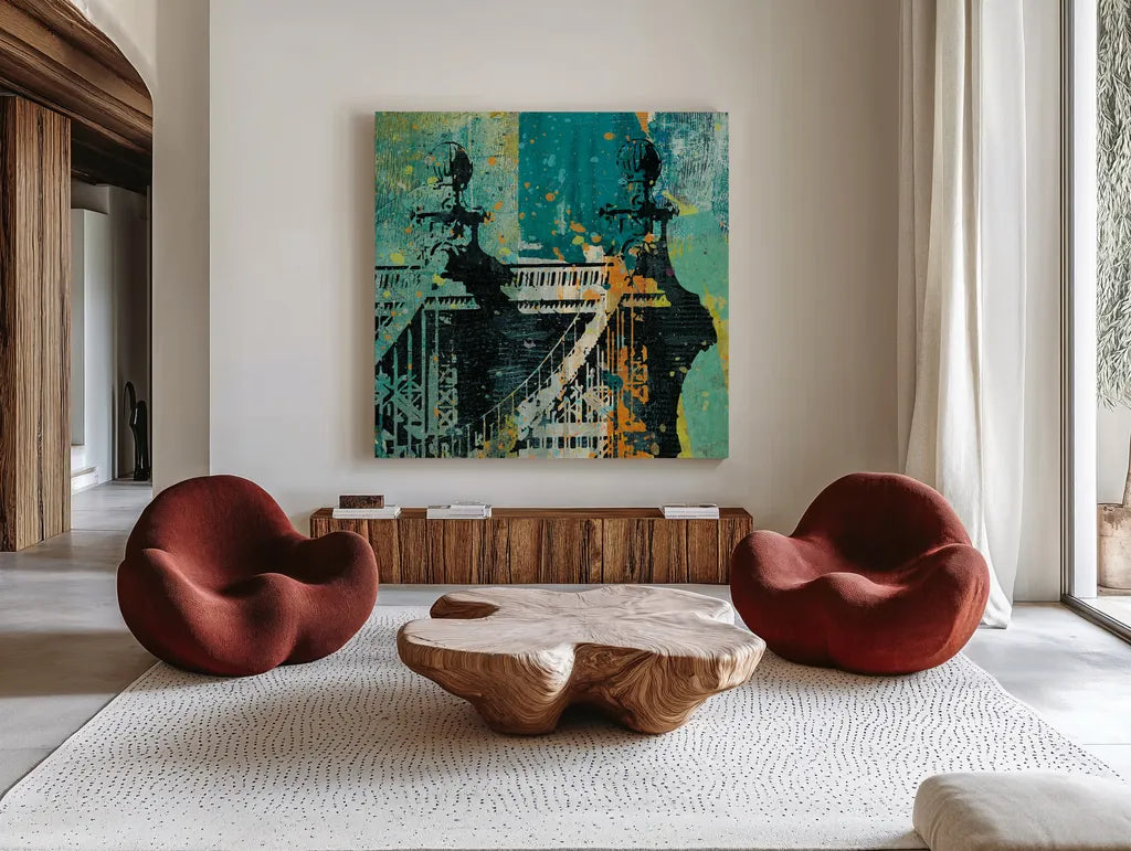 NY Graffiti Bridge by Roque Silva. Shown as extra-large giant wall art in a modern living room. Available as an archival giclee rolled canvas, fine art paper, or poster print. SKU 42464a.