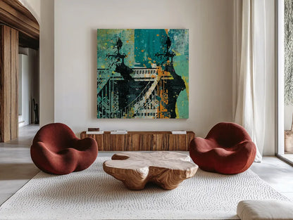 NY Graffiti Bridge by Roque Silva. Shown as extra-large giant wall art in a modern living room. Available as an archival giclee rolled canvas, fine art paper, or poster print. SKU 42464a.