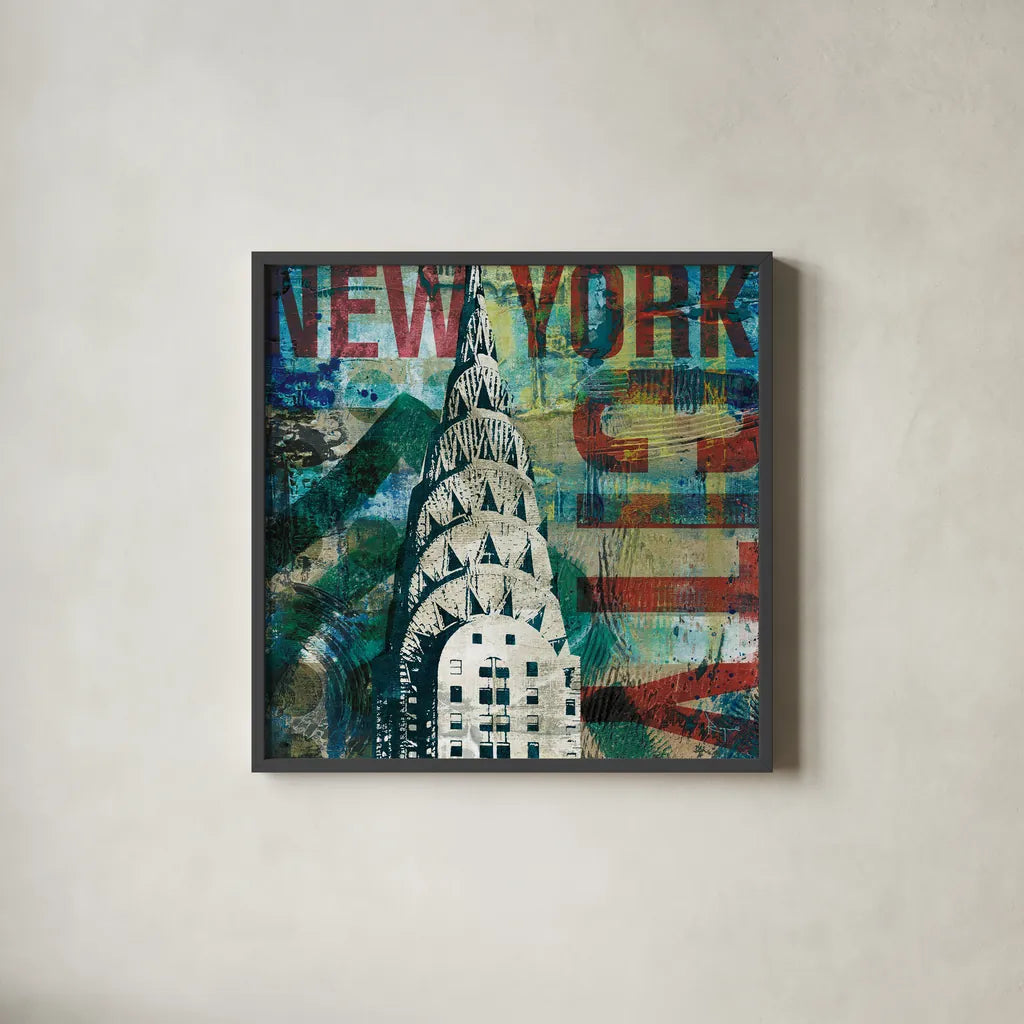 NY Graffiti II by Roque Silva. Shown in a sleek black glass frame for a contemporary gallery look. Available as an archival giclee rolled canvas, fine art paper, or poster print. SKU 14910a.