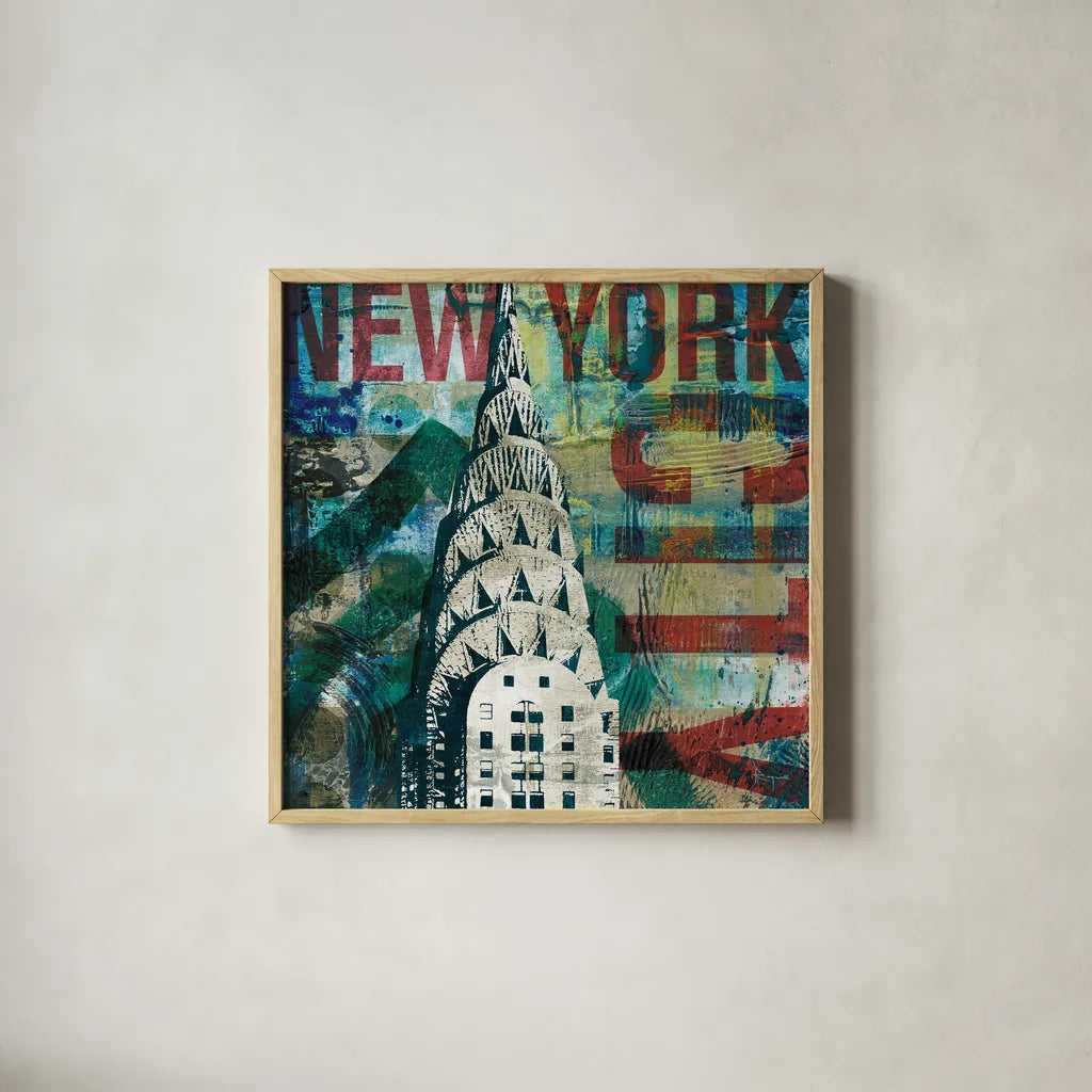 NY Graffiti II by Roque Silva. Shown in a natural wood glass frame for a timeless modern aesthetic. Available as an archival giclee rolled canvas, fine art paper, or poster print. SKU 14910a.