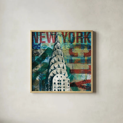 NY Graffiti II by Roque Silva. Shown in a natural wood glass frame for a timeless modern aesthetic. Available as an archival giclee rolled canvas, fine art paper, or poster print. SKU 14910a.