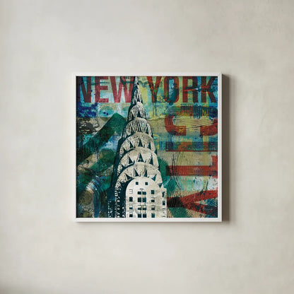 NY Graffiti II by Roque Silva. Shown in a crisp white glass frame for a clean and minimalist style. Available as an archival giclee rolled canvas, fine art paper, or poster print. SKU 14910a.