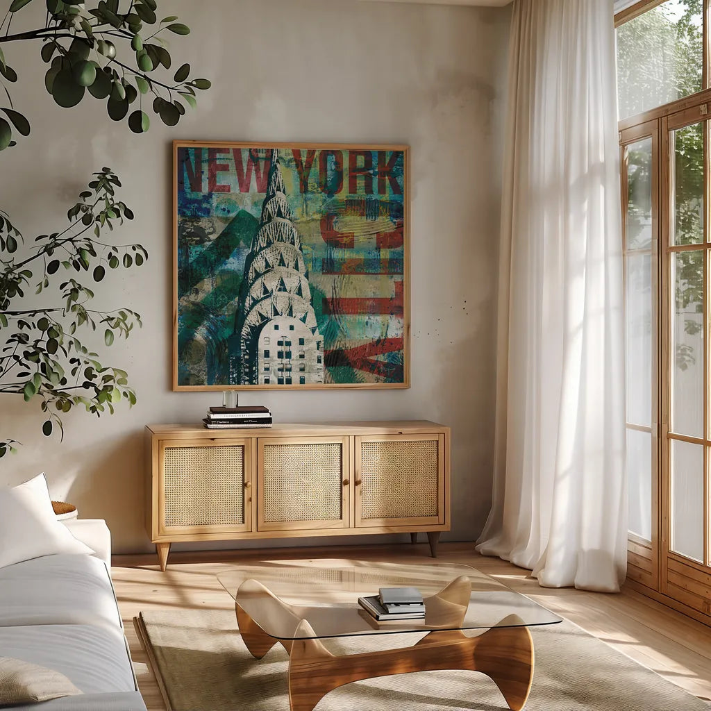 NY Graffiti II by Roque Silva. Shown in a natural wood frame in a cozy modern living room. Available as an archival giclee rolled canvas, fine art paper, or poster print. SKU 14910a.